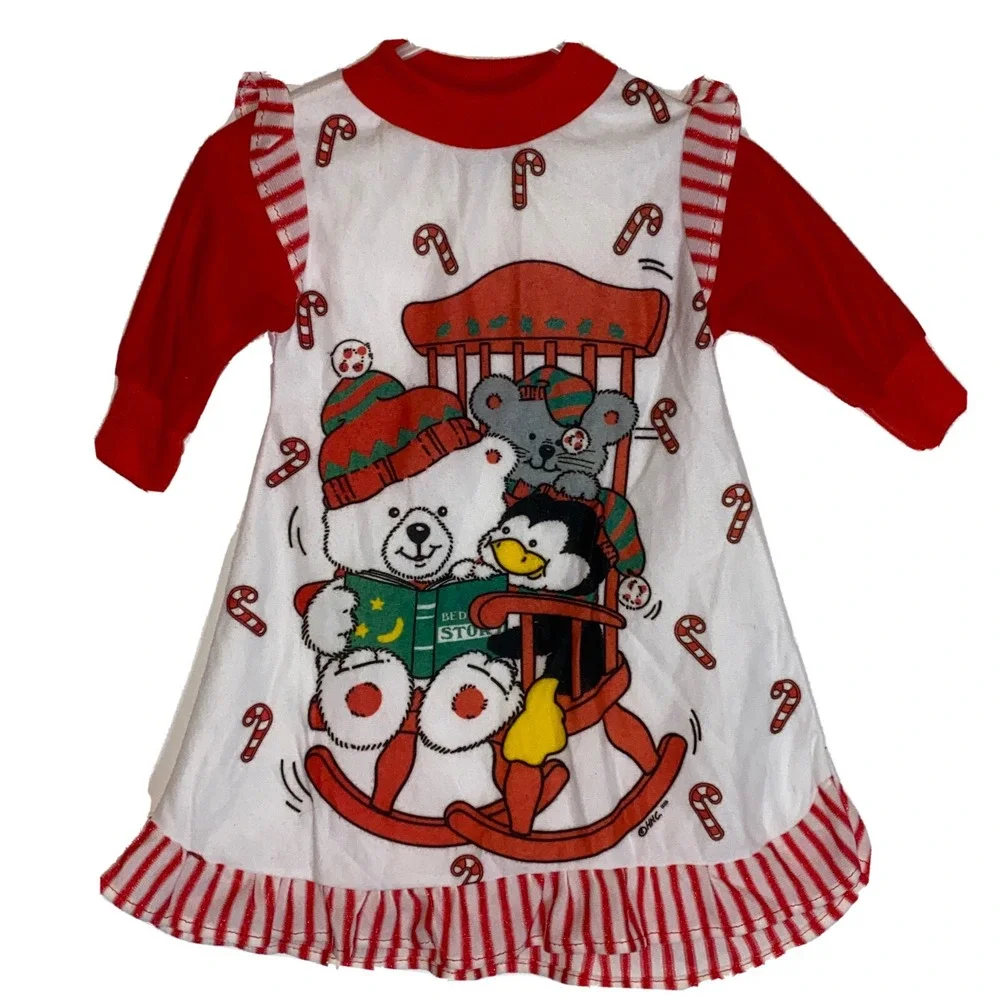 Vintage Girls 70s 80s Christmas Teddy Bear Nightgown HHC Artwork Flaws GUC Sz 9m
